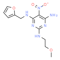 ChemSpider 2D Image | N~4~-(2-Furylmethyl)-N~2~-(2-methoxyethyl)-5-nitro-2,4,6-pyrimidinetriamine | C12H16N6O4