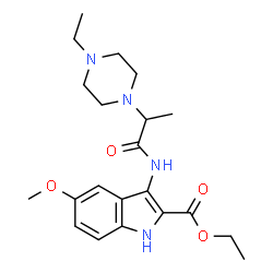 ChemSpider 2D Image | Ethyl 3-{[2-(4-ethyl-1-piperazinyl)propanoyl]amino}-5-methoxy-1H-indole-2-carboxylate | C21H30N4O4
