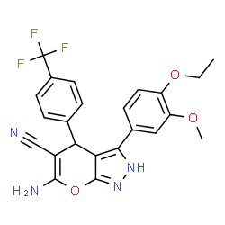 ChemSpider 2D Image | 6-Amino-3-(4-ethoxy-3-methoxyphenyl)-4-[4-(trifluoromethyl)phenyl]-2,4-dihydropyrano[2,3-c]pyrazole-5-carbonitrile | C23H19F3N4O3