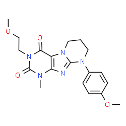 ChemSpider 2D Image | 3-(2-Methoxyethyl)-9-(4-methoxyphenyl)-1-methyl-6,7,8,9-tetrahydropyrimido[2,1-f]purine-2,4(1H,3H)-dione | C19H23N5O4
