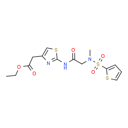 ChemSpider 2D Image | Ethyl (2-{[N-methyl-N-(2-thienylsulfonyl)glycyl]amino}-1,3-thiazol-4-yl)acetate | C14H17N3O5S3