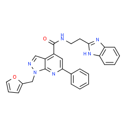 ChemSpider 2D Image | N-[2-(1H-Benzimidazol-2-yl)ethyl]-1-(2-furylmethyl)-6-phenyl-1H-pyrazolo[3,4-b]pyridine-4-carboxamide | C27H22N6O2