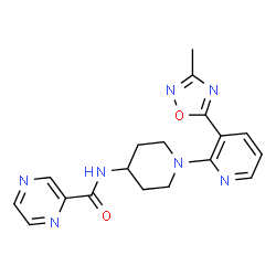 ChemSpider 2D Image | N-{1-[3-(3-Methyl-1,2,4-oxadiazol-5-yl)-2-pyridinyl]-4-piperidinyl}-2-pyrazinecarboxamide | C18H19N7O2
