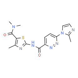 ChemSpider 2D Image | N-[5-(Dimethylcarbamoyl)-4-methyl-1,3-thiazol-2-yl]-6-(2-methyl-1H-imidazol-1-yl)-3-pyridazinecarboxamide | C16H17N7O2S
