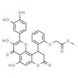 ChemSpider 2D Image | Methyl {2-[2-(3,4-dihydroxyphenyl)-3,5-dihydroxy-4,8-dioxo-9,10-dihydro-4H,8H-pyrano[2,3-f]chromen-10-yl]phenoxy}acetate | C27H20O11