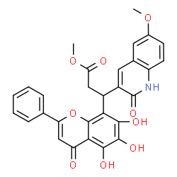 ChemSpider 2D Image | Methyl 3-(6-methoxy-2-oxo-1,2-dihydro-3-quinolinyl)-3-(5,6,7-trihydroxy-4-oxo-2-phenyl-4H-chromen-8-yl)propanoate | C29H23NO9