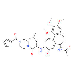 ChemSpider 2D Image | N-[(7S)-10-({(2S)-1-[4-(2-Furoyl)-1-piperazinyl]-4-methyl-1-oxo-2-pentanyl}amino)-1,2,3-trimethoxy-9-oxo-5,6,7,9-tetrahydrobenzo[a]heptalen-7-yl]acetamide | C36H44N4O8