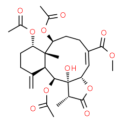 ChemSpider 2D Image | Methyl (1R,3aS,4E,8S,8aR,9S,12aS,13S,13aS)-8,9,13-triacetoxy-13a-hydroxy-1,8a-dimethyl-12-methylene-2-oxo-1,2,3a,6,7,8,8a,9,10,11,12,12a,13,13a-tetradecahydrobenzo[4,5]cyclodeca[1,2-b]furan-5-carboxyl
ate | C27H36O11