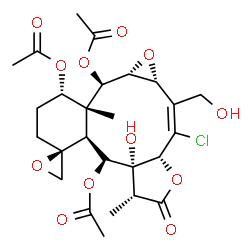 ChemSpider 2D Image | (1aR,2E,3aR,6R,6aR,7S,7aS,8S,11S,11aR,12R,12aR)-3-Chloro-6a-hydroxy-2-(hydroxymethyl)-6,11a-dimethyl-5-oxo-3a,5,6,6a,7,7a,9,10,11,11a,12,12a-dodecahydro-1aH-spiro[benzo[4,5]oxireno[7,8]cyclodeca[1,2-b
]furan-8,2'-oxirane]-7,11,12-triyl triacetate | C26H33ClO12
