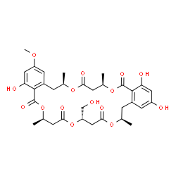 ChemSpider 2D Image | (7R,11S,15R,23R,27R)-4,18,20-Trihydroxy-11-(hydroxymethyl)-2-methoxy-7,15,23,27-tetramethyl-7,8,11,12,15,16,23,24,27,28-decahydro-5H,9H,13H,21H,25H-dibenzo[k,u][1,5,9,15,19]pentaoxacyclotetracosine-5,
9,13,21,25-pentone | C33H40O15