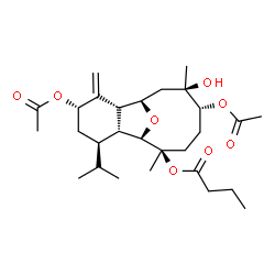 ChemSpider 2D Image | (1R,2R,4S,6R,7R,8R,9R,12R,13R)-4,12-Diacetoxy-13-hydroxy-6-isopropyl-9,13-dimethyl-3-methylene-15-oxatricyclo[6.6.1.0~2,7~]pentadec-9-yl butyrate | C28H44O8