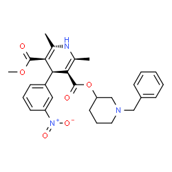 ChemSpider 2D Image | 1-Benzyl-3-piperidinyl methyl (4S)-2,6-dimethyl-4-(3-nitrophenyl)-1,4-dihydro-3,5-pyridinedicarboxylate | C28H31N3O6