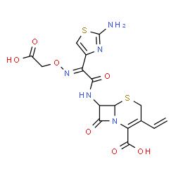 ChemSpider 2D Image | 7-({(2E)-2-(2-Amino-1,3-thiazol-4-yl)-2-[(carboxymethoxy)imino]acetyl}amino)-8-oxo-3-vinyl-5-thia-1-azabicyclo[4.2.0]oct-2-ene-2-carboxylic acid | C16H15N5O7S2