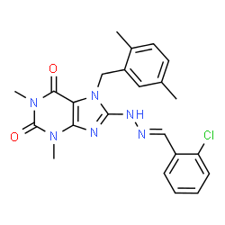 ChemSpider 2D Image | 8-[(2E)-2-(2-Chlorobenzylidene)hydrazino]-7-(2,5-dimethylbenzyl)-1,3-dimethyl-3,7-dihydro-1H-purine-2,6-dione | C23H23ClN6O2