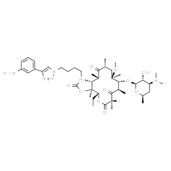 ChemSpider 2D Image | (3aS,4R,7R,9R,10R,11R,13R,15S,15aR)-1-{4-[4-(3-Aminophenyl)-1H-1,2,3-triazol-1-yl]butyl}-4-ethyl-7-fluoro-11-methoxy-3a,7,9,11,13,15-hexamethyl-2,6,8,14-tetraoxotetradecahydro-2H-oxacyclotetradecino[4
,3-d][1,3]oxazol-10-yl 3,4,6-trideoxy-3-(dimethylamino)-beta-D-xylo-hexopyranoside | C43H65FN6O10