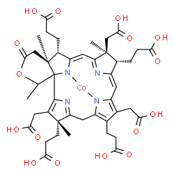 ChemSpider 2D Image | {3,3',3'',3'''-[(4R,11Z,13S,14S,16Z,18S,19S)-3,9,14-Tris(carboxymethyl)-4,14,19,23-tetramethyl-21-oxo-22-oxa-24,25,26,27-tetraazahexacyclo[15.6.1.1~2,5~.1~7,10~.1~12,15~.0~1,19~]heptacosa-2,5(27),7,9,
11,15(25),16-heptaene-4,8,13,18-tetrayl-kappa~2~N~24~,N~26~]tetrapropanoato(2-)}cobalt | C44H50CoN4O16