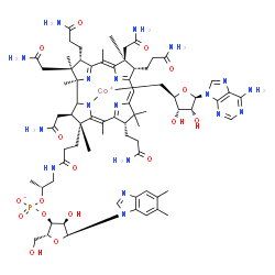 ChemSpider 2D Image | [(2S,3S,4R,5R)-5-(6-aminopurin-9-yl)-3,4-dihydroxy-tetrahydrofuran-2-yl]methyl-[(2R,3R,4Z,7S,9Z,12S,13S,14Z,17S,18S,19R)-2,13,18-tris(2-amino-2-oxo-ethyl)-7,12,17-tris(3-amino-3-oxo-propyl)-3-[3-[[(2R)-2-[[(2R,3S,4R,5S)-5-(5,6-dimethylbenzimidazol-1-yl)-4-hydroxy-2-(hydroxymethyl)tetrahydrofuran-3-yl]oxy-oxido-phosphoryl]oxypropyl]amino]-3-oxo-propyl]-3,5,8,8,13,15,18,19-octamethyl-2,7,12,17-tetrahydro-1H-corrin-21-yl]cobalt(1+) | C72H100CoN18O17P