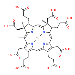 ChemSpider 2D Image | {3,3',3'',3'''-[(7S,8S,12S,13S)-3,8,13,17-Tetrakis(carboxymethyl)-8,13,15-trimethyl-7,8,12,13-tetrahydroporphyrin-2,7,12,18-tetrayl-kappa~2~N~22~,N~24~]tetrapropanoato(2-)}cobalt | C43H46CoN4O16