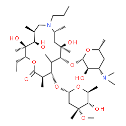 ChemSpider 2D Image | (2R,3S,4R,5S,8R,10R,11R,13S,14R)-2-Ethyl-3,4,10-trihydroxy-3,5,8,10,12,14-hexamethyl-15-oxo-7-propyl-11-{[3,4,6-trideoxy-3-(dimethylamino)-beta-D-xylo-hexopyranosyl]oxy}-1-oxa-7-azacyclopentadecan-13-
yl 2,6-dideoxy-3-C-methyl-3-O-methyl-alpha-L-ribo-hexopyranoside | C40H76N2O12
