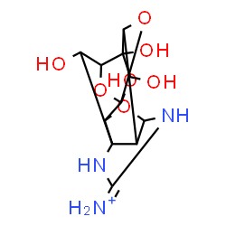 ChemSpider 2D Image | 2,4,12-Trihydroxy-2-(hydroxymethyl)-10,13,15-trioxa-6,8-diazapentacyclo[7.4.1.1~3,12~.0~5,11~.0~5,14~]pentadec-6-en-7-aminium | C11H16N3O7
