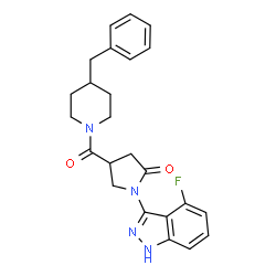 ChemSpider 2D Image | 4-[(4-Benzyl-1-piperidinyl)carbonyl]-1-(4-fluoro-1H-indazol-3-yl)-2-pyrrolidinone | C24H25FN4O2
