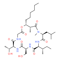 ChemSpider 2D Image | (6S,9S,12S,15S,18R,19R)-12-[(2S)-2-Butanyl]-19-hexyl-6-[(1R)-1-hydroxyethyl]-9-(hydroxymethyl)-15-isobutyl-16,18-dimethyl-1-oxa-4,7,10,13,16-pentaazacyclononadecane-2,5,8,11,14,17-hexone | C32H57N5O9