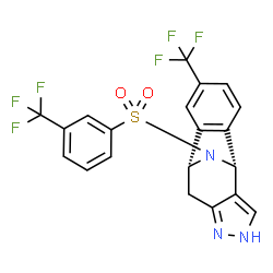 ChemSpider 2D Image | (1R,8R)-11-(Trifluoromethyl)-15-{[3-(trifluoromethyl)phenyl]sulfonyl}-4,5,15-triazatetracyclo[6.6.1.0~2,6~.0~9,14~]pentadeca-2,5,9,11,13-pentaene | C20H13F6N3O2S