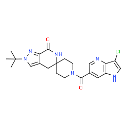 ChemSpider 2D Image | 1-[(3-Chloro-1H-pyrrolo[3,2-b]pyridin-6-yl)carbonyl]-2'-(2-methyl-2-propanyl)-2',4'-dihydrospiro[piperidine-4,5'-pyrazolo[3,4-c]pyridin]-7'(6'H)-one | C22H25ClN6O2