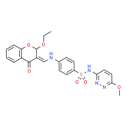 ChemSpider 2D Image | 4-{[(E)-(2-Ethoxy-4-oxo-2H-chromen-3(4H)-ylidene)methyl]amino}-N-(6-methoxy-3-pyridazinyl)benzenesulfonamide | C23H22N4O6S