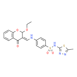 ChemSpider 2D Image | 4-{[(E)-(2-Ethoxy-4-oxo-2H-chromen-3(4H)-ylidene)methyl]amino}-N-(5-methyl-1,3,4-thiadiazol-2-yl)benzenesulfonamide | C21H20N4O5S2