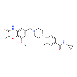 ChemSpider 2D Image | N-Cyclopropyl-4-{4-[(8-ethoxy-2-methyl-3-oxo-3,4-dihydro-2H-1,4-benzoxazin-6-yl)methyl]-1-piperazinyl}-3-methylbenzamide | C27H34N4O4