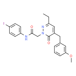 ChemSpider 2D Image | 2-[3-Ethyl-5-(3-methoxybenzyl)-6-oxo-1(6H)-pyridazinyl]-N-(4-iodophenyl)acetamide | C22H22IN3O3