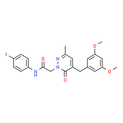 ChemSpider 2D Image | 2-[5-(3,5-Dimethoxybenzyl)-3-methyl-6-oxo-1(6H)-pyridazinyl]-N-(4-iodophenyl)acetamide | C22H22IN3O4