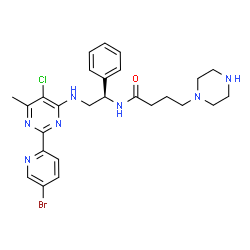 ChemSpider 2D Image | N-[(1R)-2-{[2-(5-Bromo-2-pyridinyl)-5-chloro-6-methyl-4-pyrimidinyl]amino}-1-phenylethyl]-4-(1-piperazinyl)butanamide | C26H31BrClN7O