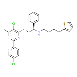 ChemSpider 2D Image | (1R)-N~2~-[5-Chloro-2-(5-chloro-2-pyridinyl)-6-methyl-4-pyrimidinyl]-1-phenyl-N~1~-[4-(2-thienyl)butyl]-1,2-ethanediamine | C26H27Cl2N5S
