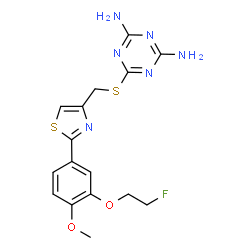 ChemSpider 2D Image | 6-[({2-[3-(2-Fluoroethoxy)-4-methoxyphenyl]-1,3-thiazol-4-yl}methyl)sulfanyl]-1,3,5-triazine-2,4-diamine | C16H17FN6O2S2