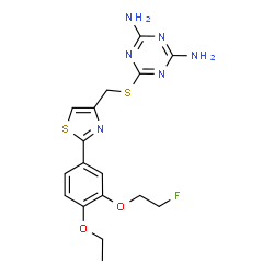 ChemSpider 2D Image | 6-[({2-[4-Ethoxy-3-(2-fluoroethoxy)phenyl]-1,3-thiazol-4-yl}methyl)sulfanyl]-1,3,5-triazine-2,4-diamine | C17H19FN6O2S2