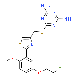 ChemSpider 2D Image | 6-[({2-[5-(2-Fluoroethoxy)-2-methoxyphenyl]-1,3-thiazol-4-yl}methyl)sulfanyl]-1,3,5-triazine-2,4-diamine | C16H17FN6O2S2