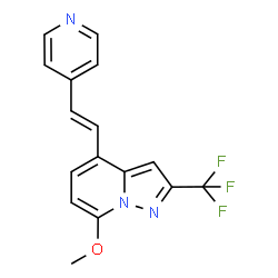 ChemSpider 2D Image | 7-Methoxy-4-[(E)-2-(4-pyridinyl)vinyl]-2-(trifluoromethyl)pyrazolo[1,5-a]pyridine | C16H12F3N3O