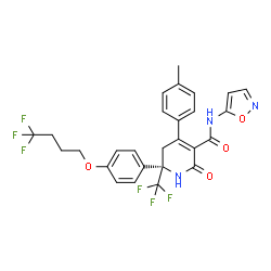 ChemSpider 2D Image | (6S)-4-(4-Methylphenyl)-N-(1,2-oxazol-5-yl)-2-oxo-6-[4-(4,4,4-trifluorobutoxy)phenyl]-6-(trifluoromethyl)-1,2,5,6-tetrahydro-3-pyridinecarboxamide | C27H23F6N3O4