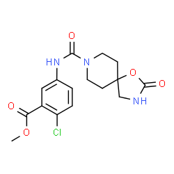 ChemSpider 2D Image | Methyl 2-chloro-5-{[(2-oxo-1-oxa-3,8-diazaspiro[4.5]dec-8-yl)carbonyl]amino}benzoate | C16H18ClN3O5