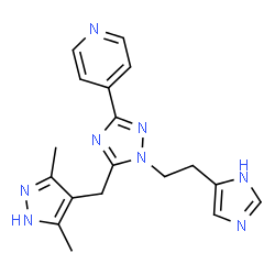 ChemSpider 2D Image | 4-{5-[(3,5-Dimethyl-1H-pyrazol-4-yl)methyl]-1-[2-(1H-imidazol-4-yl)ethyl]-1H-1,2,4-triazol-3-yl}pyridine | C18H20N8