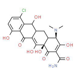 ChemSpider 2D Image | (4R,12aR)-7-Chloro-4-(dimethylamino)-3,6,10,12,12a-pentahydroxy-1,11-dioxo-1,4,4a,5,5a,6,11,12a-octahydro-2-tetracenecarboxamide | C21H21ClN2O8