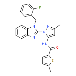 ChemSpider 2D Image | N-{1-[1-(2-Fluorobenzyl)-1H-benzimidazol-2-yl]-3-methyl-1H-pyrazol-5-yl}-5-methyl-2-thiophenecarboxamide | C24H20FN5OS