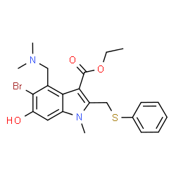 ChemSpider 2D Image | Ethyl 5-bromo-4-[(dimethylamino)methyl]-6-hydroxy-1-methyl-2-[(phenylsulfanyl)methyl]-1H-indole-3-carboxylate | C22H25BrN2O3S