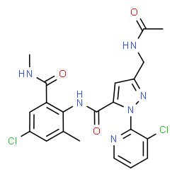 ChemSpider 2D Image | 3-(Acetamidomethyl)-N-[4-chloro-2-methyl-6-(methylcarbamoyl)phenyl]-1-(3-chloro-2-pyridinyl)-1H-pyrazole-5-carboxamide | C21H20Cl2N6O3