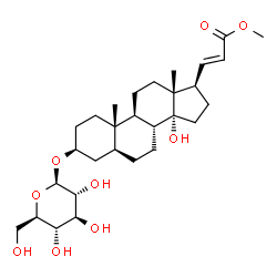 ChemSpider 2D Image | Methyl (2E)-3-[(3S,5S,8R,9S,10S,13R,14R,17R)-14-hydroxy-10,13-dimethyl-3-{[(2R,3R,4S,5S,6R)-3,4,5-trihydroxy-6-(hydroxymethyl)tetrahydro-2H-pyran-2-yl]oxy}hexadecahydro-1H-cyclopenta[a]phenanthren-17-
yl]acrylate | C29H46O9