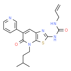 ChemSpider 2D Image | 1-Allyl-3-[4-(3-methylbutyl)-5-oxo-6-(3-pyridinyl)-4,5-dihydro[1,3]thiazolo[5,4-b]pyridin-2-yl]urea | C20H23N5O2S
