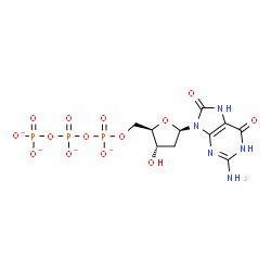 ChemSpider 2D Image | 2'-Deoxy-8-oxo-5'-O-({[(phosphonatooxy)phosphinato]oxy}phosphinato)-7,8-dihydroguanosine | C10H12N5O14P3