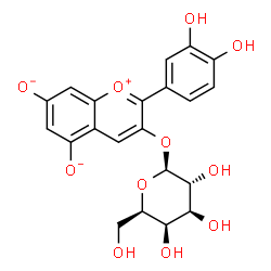 ChemSpider 2D Image | 2-(3,4-Dihydroxyphenyl)-3-(beta-D-galactopyranosyloxy)-5,7-chromeniumdiolate | C21H19O11